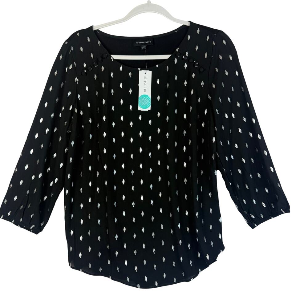 NWT Fortune Ivy Dondria Mixed Media Blouse Women Sz M Black Metallic Feather Top